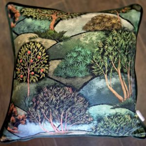 Green meadow cushion with bottle green back and piping