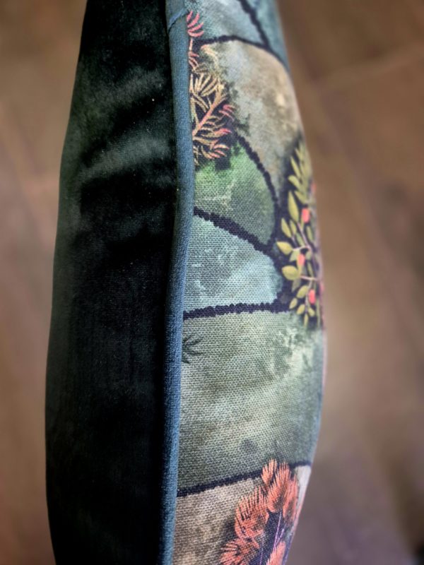 Green meadow cushion with bottle green back and piping - Image 2