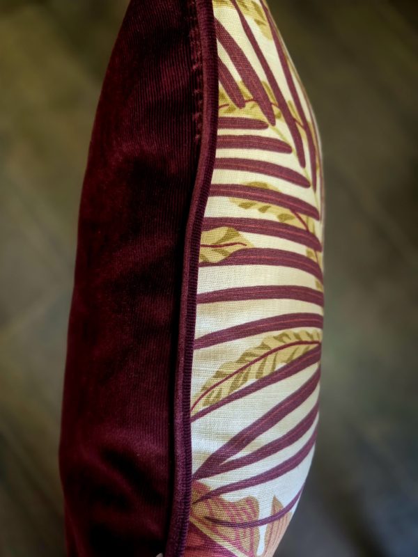 Botanical fabric cushion with burgundy velvet back and piping - Image 2