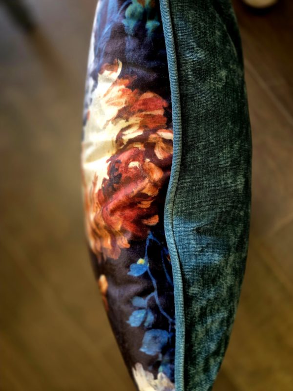 Floral velvet cushion with teal chenille back and piping - Image 2