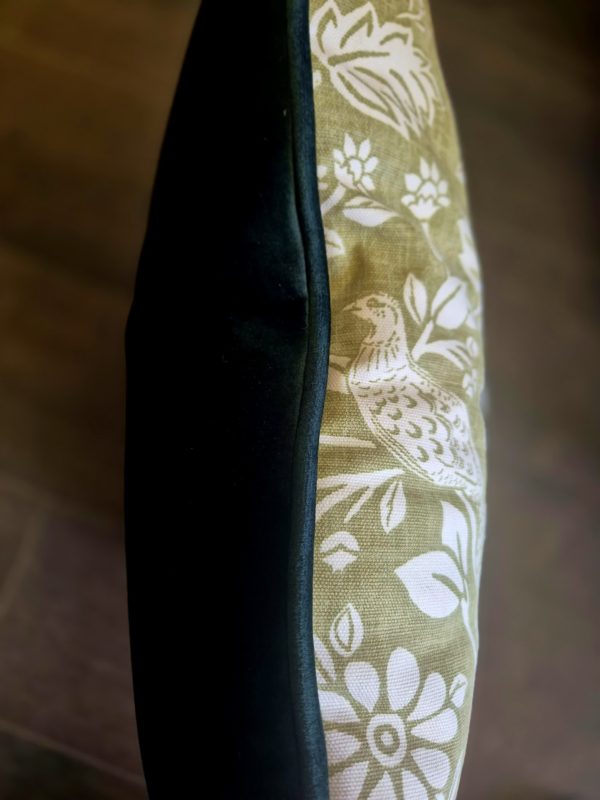 Sage green Pheasant and Hare cushion with bottle green back and piping - Image 2