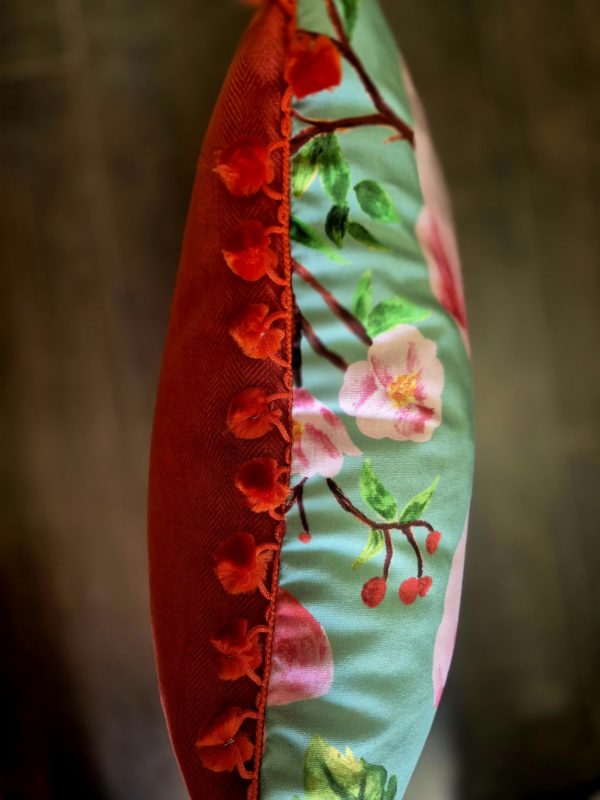 Floral cushion with Burnt Orange herringbone back and pom pom trim - Image 2