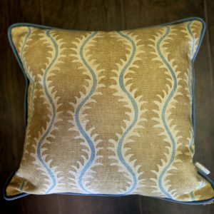 Linwood Helter Skelter Cushion with powder blue back and piping