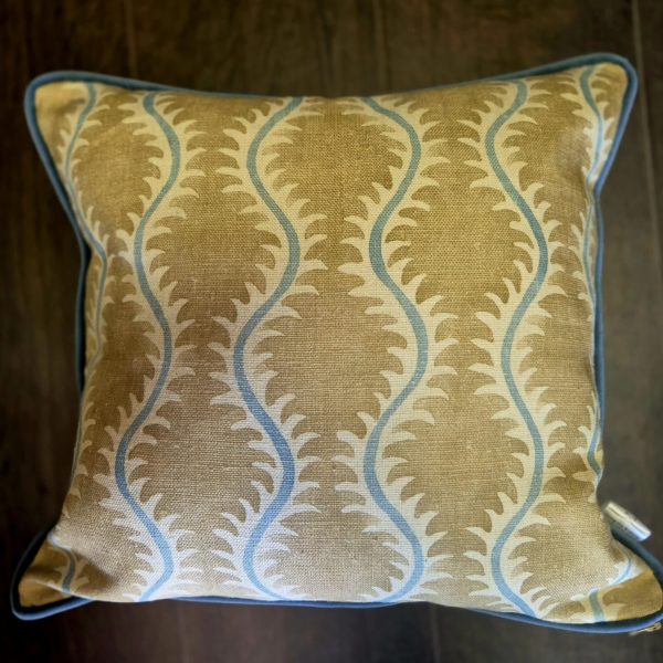 Linwood Helter Skelter Cushion with powder blue back and piping