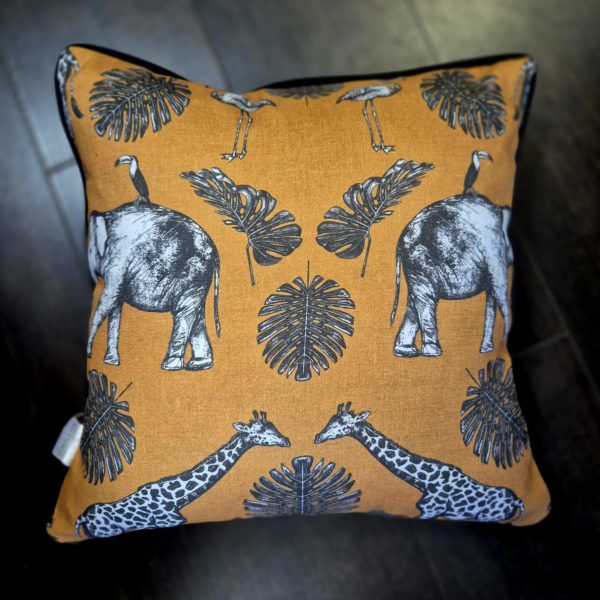 Burnt Orange safari fabric cushion with charcoal piping