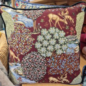 William Morris Burgundy Brook Cushion with bottle green velvet back and piping