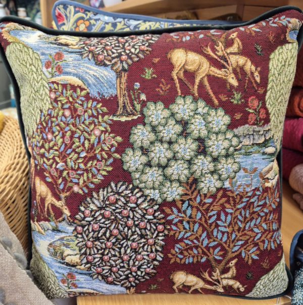 William Morris Burgundy Brook Cushion with bottle green velvet back and piping