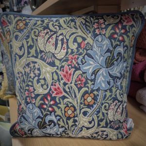 William Morris Golden Lilly Cushion with Powder Blue back and piping