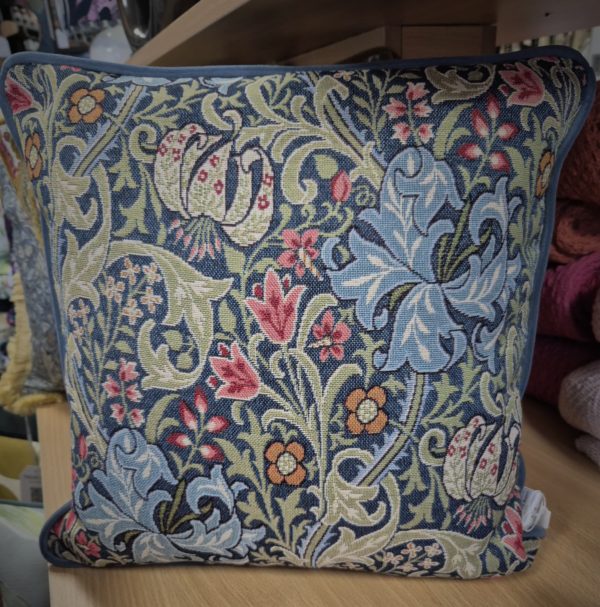 William Morris Golden Lilly Cushion with Powder Blue back and piping