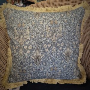 William Morris Snakeshead Cushion Blue with Gold Fringe trim