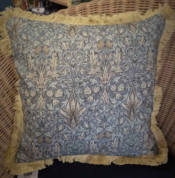 William Morris Snakeshead Cushion Blue with Gold Fringe trim