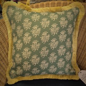 Green Anemone print cushion with Gold Fringe trim