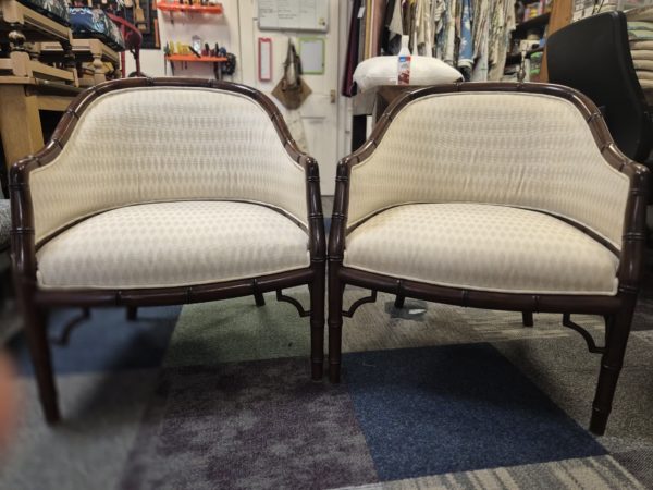 Mid 20th Century Carved Elm Faux Bamboo Pair Tub Chairs - Image 5