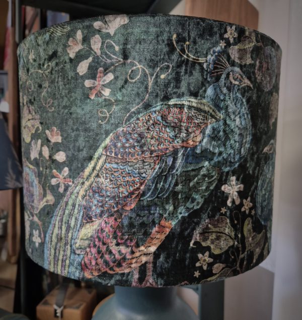 Stunning Peacock Velvet and teal painted base lamp - Image 2