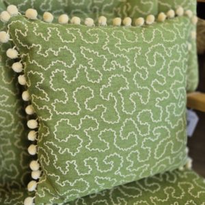Linwood Wiggle Avocado Cushion with pom pom trim
