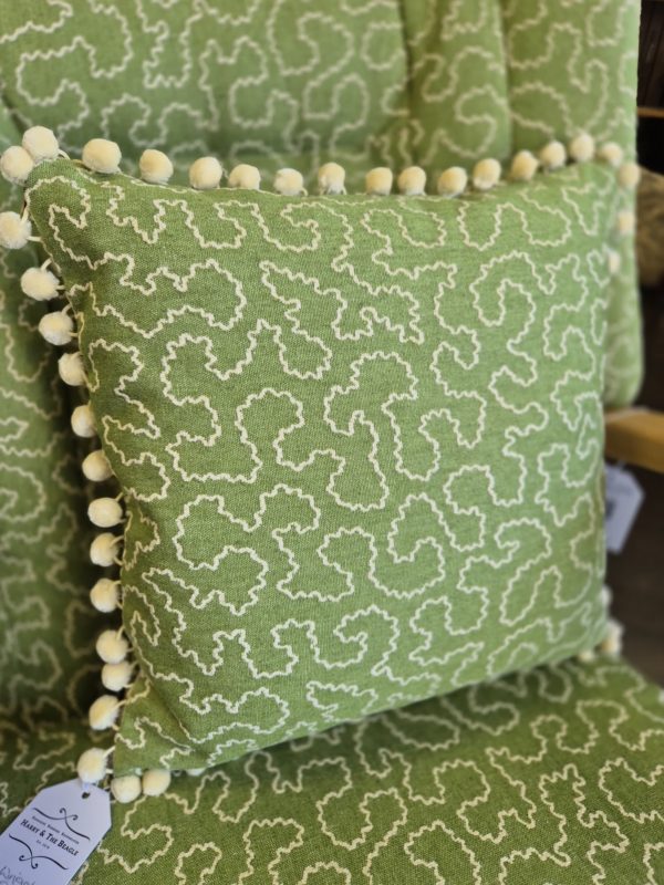 Linwood Wiggle Avocado Cushion with pom pom trim